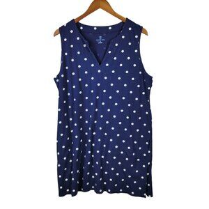 Lands End Shirt Dress Size Large 14-16 Casual Navy Blue Polkadot Pockets Stretch